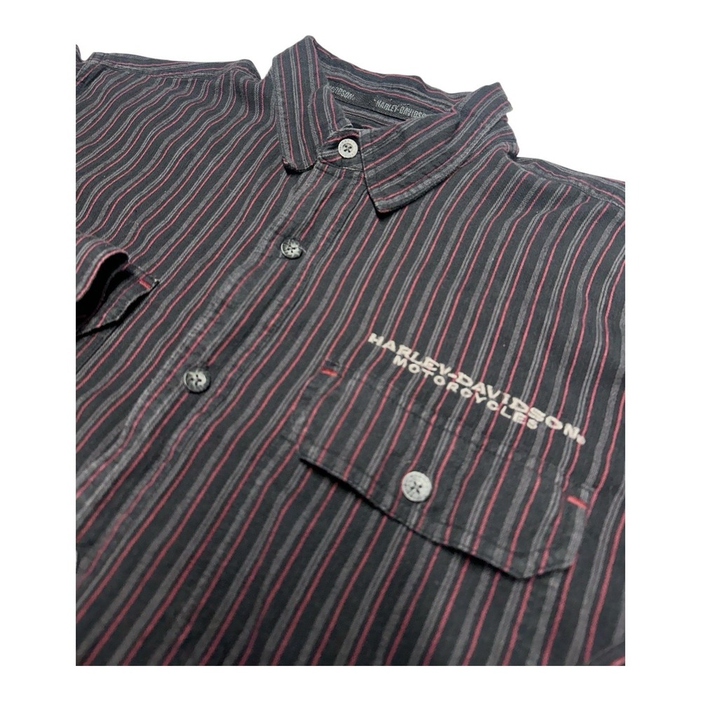 Harley Davidson Button Up Flannel Shirt Mens Sz L Black Red Striped‎ Long Sleeve